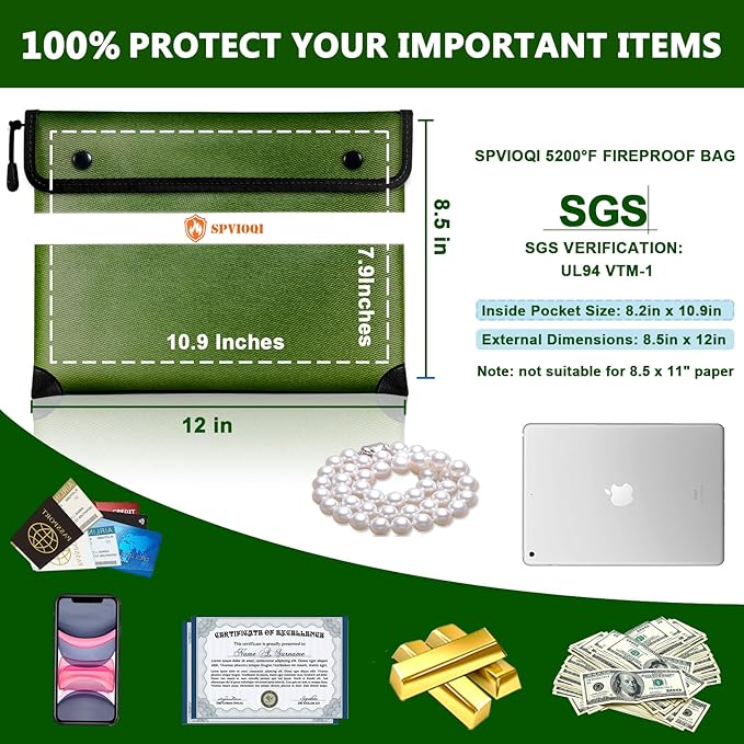 Upgraded 5200°F Fireproof Document Bag - Heat Insulated, Fireproof Safe Pouch with Zipper, 8 Layers of Functional Materials, Fireproof Money Bag for Cash/Documents/Valuables, Water Resistant Fire Bag