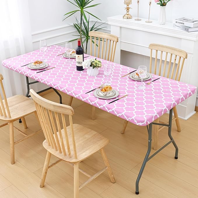 Smiry Rectangle Picnic Table Cover, Waterproof Elastic Fitted Camping Tablecloths for 6 Foot Tables, Wipeable Flannel Backed Vinyl Tablecloth Protector for Indoor, Outdoor (Pink, 30x72 Inches)