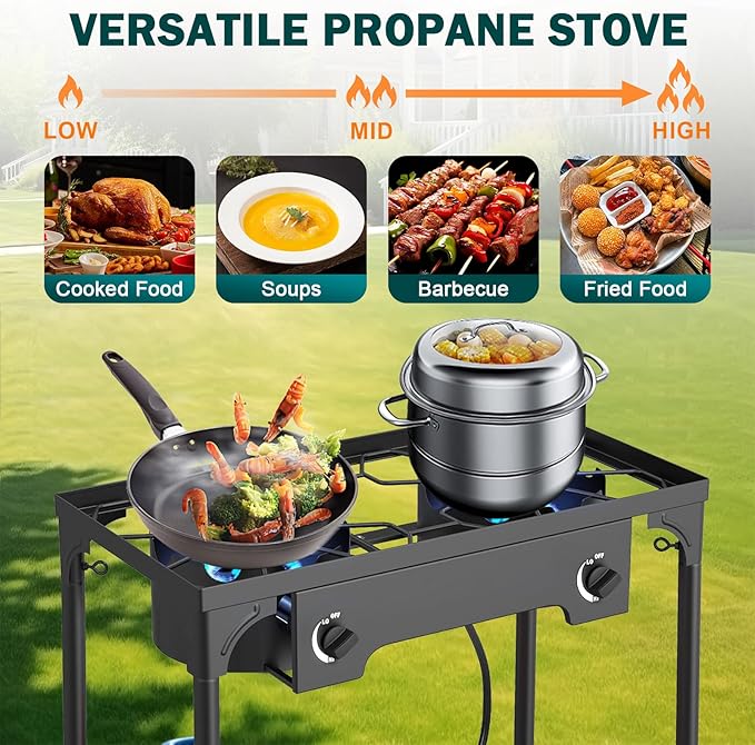 2 Burner Propane Gas Stove | 150,000 BTU High-Pressure Heavy-Duty Camping Stove with Regulator, Detachable Legs | Portable for Outdoor, Backyard, Patio BBQ, Baking, Frying, Brewing, Tailgating