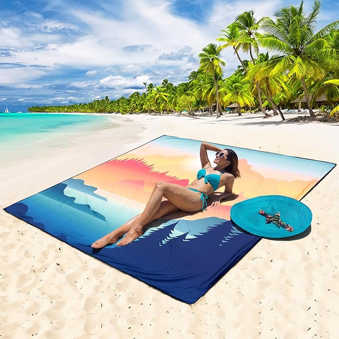 Beach Blanket Waterproof Sandproof Beach Mat 79" X 83"/10'x9'for 2-8 Adults Quick Drying Outdoor Picnic Mat Beach Accessories for Travel, Camping, Hiking