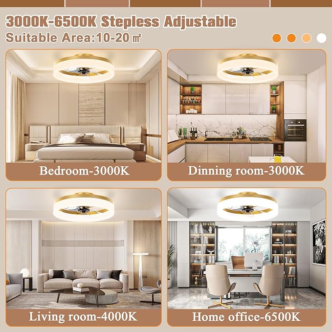 VOLISUN Low Profile Ceiling Fans with Lights and Remote,15.7in Modern Ceiling Fan Flush Mount, 3000K-6500K Dimmable Bladeless LED Fan Light,Gold Fandelier Ceiling Fans with Lights for Bedroom