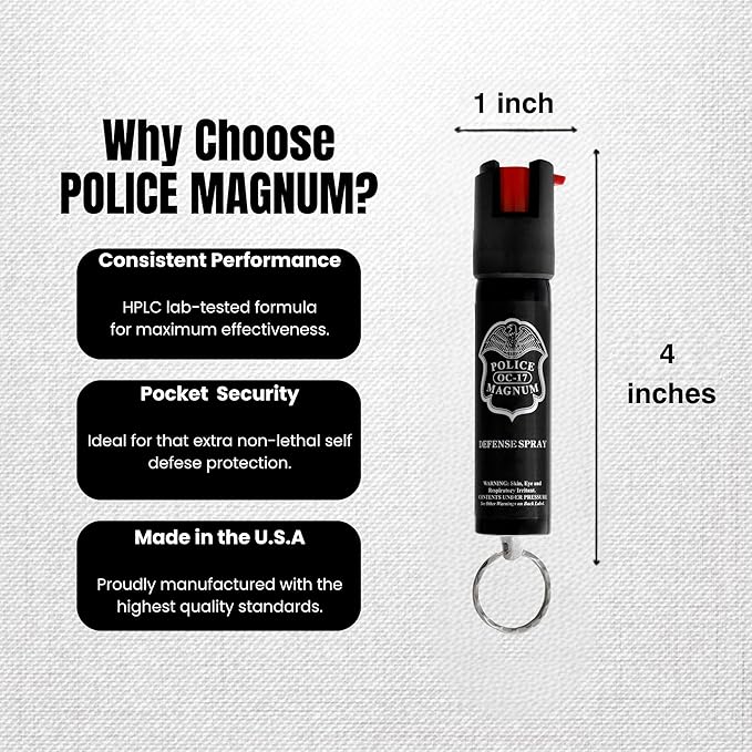 Police Magnum Compact Pepper Spray Self Defense Safety Tool- Strong Built-in Keychain Holder- Small Discreet Canister- Made in The USA- 1 Pack 3/4oz Twist Lock Keyring