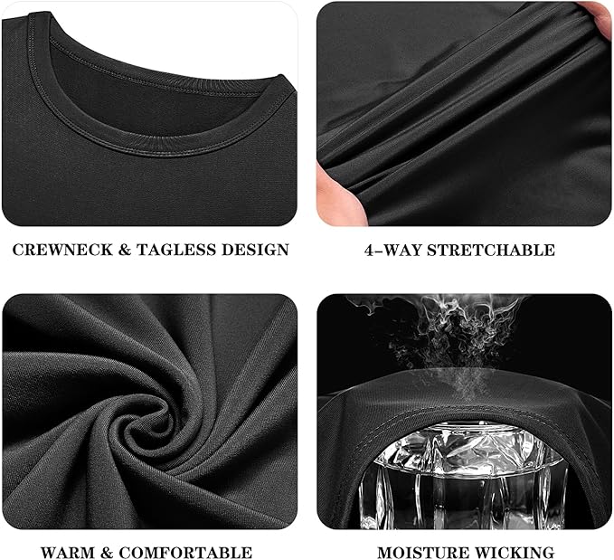 URRU Thermal Underwear for Men High Stretch Fleece Lined Long Sleeve Crewneck Thermal Shirts Base Layer Top Men Cold Weather