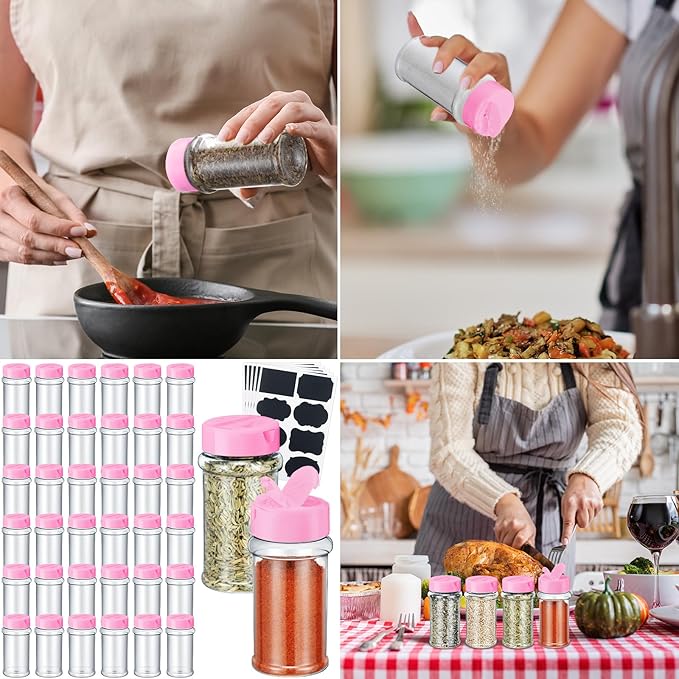 Eccliy 36 Pack 3 oz Clear Plastic Spice Jars with Label and Shaker Lids Empty Spice Bottles Seasoning Containers Seasoning Jars Shaker Condiment Pots for Pepper Herbs Powders (Pink)
