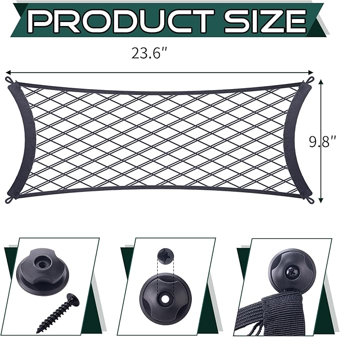 JINGKE 2 Pcs Small Cargo Net Pocket Elastic Mesh Netting Car Mesh Pouch with Screws and Hooks for Trunk RV Boats Home Cargo Storage (23.6'' x 9.8'')
