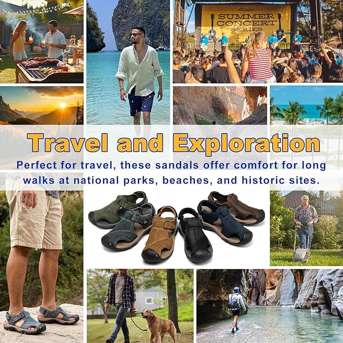 Men's Sport Sandals Closed Toe Leather Hiking Athletic Walking Outdoor Beach Trail River Fishing Water Shoes Lightweight Comfortable Waterproof