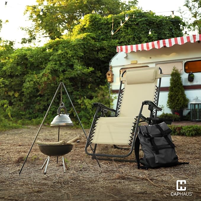 CAPHAUS Beige Zero Gravity Reclining Lounge Outdoor Chair, Zero Gravity Recliner, Anti-Gravity Chair for Indoor & Outdoor, Folding Reclining Chair w/Side Tray, Beige