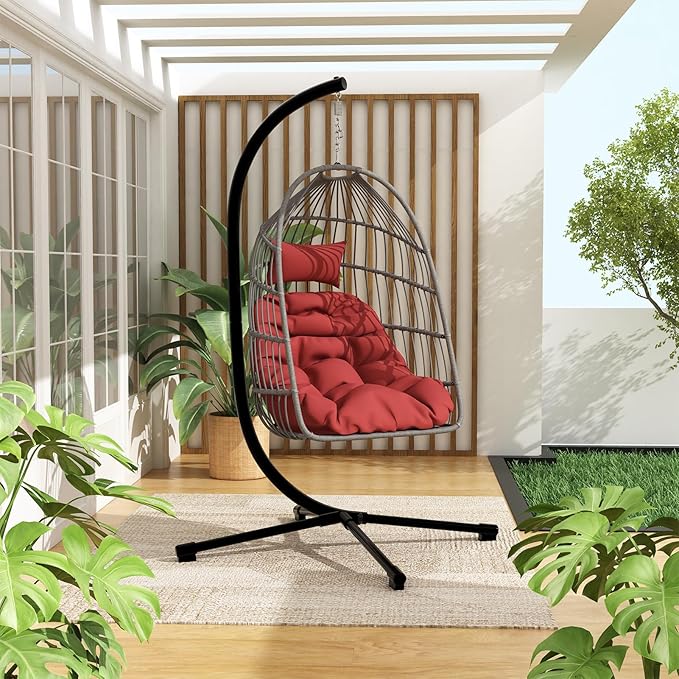 Foldable Hanging Egg Chair with Stand, HDPE Rattan and Heavy Duty Aluminum-Steel Frame, Outdoor Patio Wicker Swing Egg Chair with Headrest and Cushioned, 350 Lbs Capacity (Burgundy Red)
