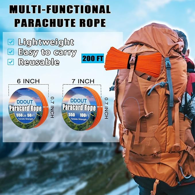 Paracord Nylon Rope Orange 200ft with 7-Strand Core, 10 Colors and 50/100/200 ft, Type III Parachute Cord 4mm for Camping, Survival, Hiking, DIY, Crafting, Outdoor Utility Rope