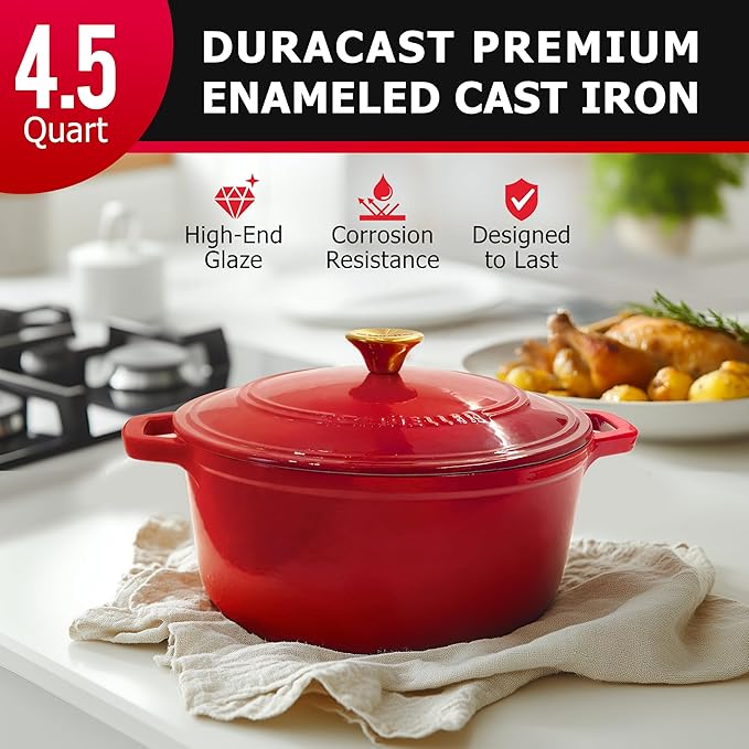 MÜELLERHOME 4.5 QT Enameled Cast Iron Dutch Oven, Heavy-Duty Casserole Dish and Braiser Pan with Lid and Stainless Knob, Oven-Safe up to 500° F & Across All Cooktops, Red