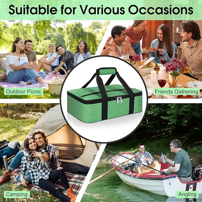 Insulated Casserole Carrier, Portable Casserole Carrier for Hot or Cold Food Lunch Tote Warmer or Cooler Bag, Lasagna Lunch Bag for Potluck Parties- Fits 9" x 13" Baking Dish-Green