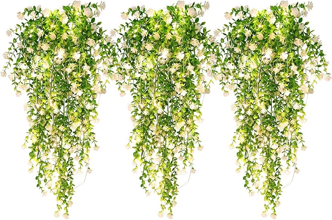 RECUTMS 3 Pcs Hanging Fake Plants Fake Vines Artificial Plants Large Faux Hanging Plant with 30 LED String Light, Artificial Hanging Plants Wall Indoor Outdoor Decorations(White)