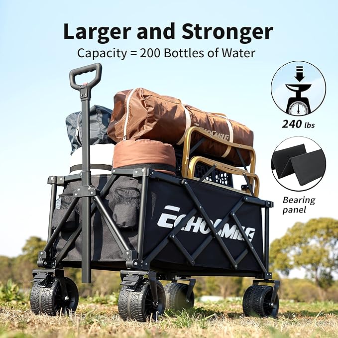 EchoSmile Collapsible Folding Wagon Cart with Compact Storage - 400LBS Capacity All Terrain Utility Cart for Camping, Beach, Grocery, Gardening - Black Outdoor Wagon