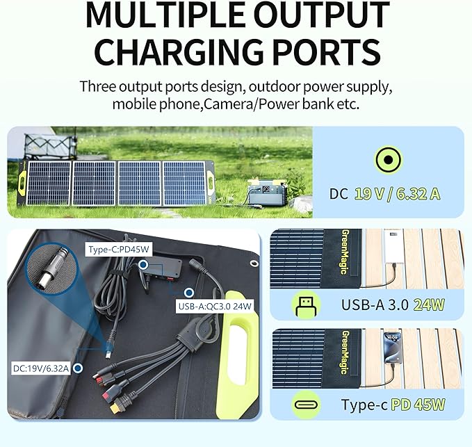 Greenmagic120W Portable Solar Panel 19V, 120W Foldable Solar Panels Kit with Adjustable Kickstands, Waterproof IP65 for Camping, Outdoor, Power Station,RVS