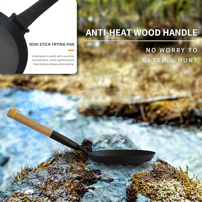 8.2 Inch Non Stick Frying Pan, Pre-Seasoned Carbon Steel Grill Pan with Folding Handle, Camping Indoor & Outdoor Cooking, Easy to Clean, Suitable for All Kinds of Stoves