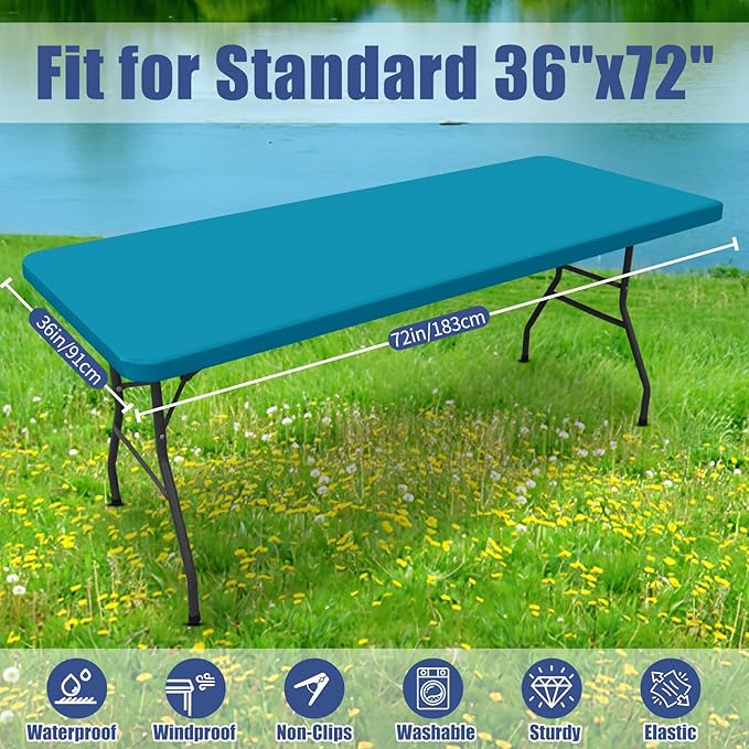 Spandex 6 Foot Rectangle Table Cloth 2 Pack, Elastic Fitted Tablecloths for Picnic, Stretch Washable Patio Table Cover for Outdoor, Camping, Banquet and Parties (Teal, 36"x72")