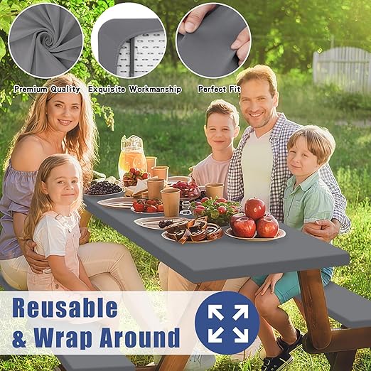 Picnic Table Cover with Bench Covers, Elastic Fitted Spandex Tablecloths for 6 Foot Rectangle Tables, Stretch Washable Patio Tablecloth for Outdoor, Camping (Grey, 30"x72")