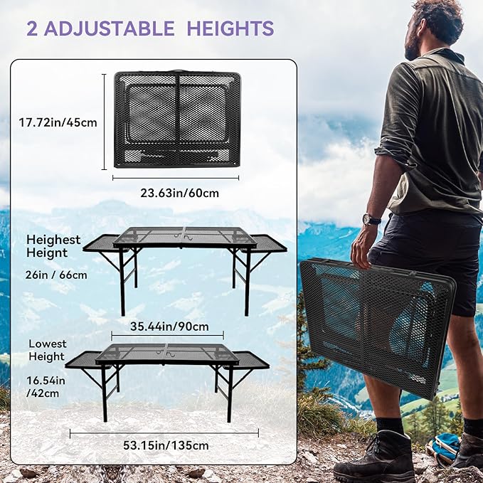 BRIAN & DANY 3x2 FT Camping Table with 2 Wing Panels, Folding Grill Table, Metal Portable Picnic Table, Lightweight Height Adjustable Foldable Table for Outdoor, Black