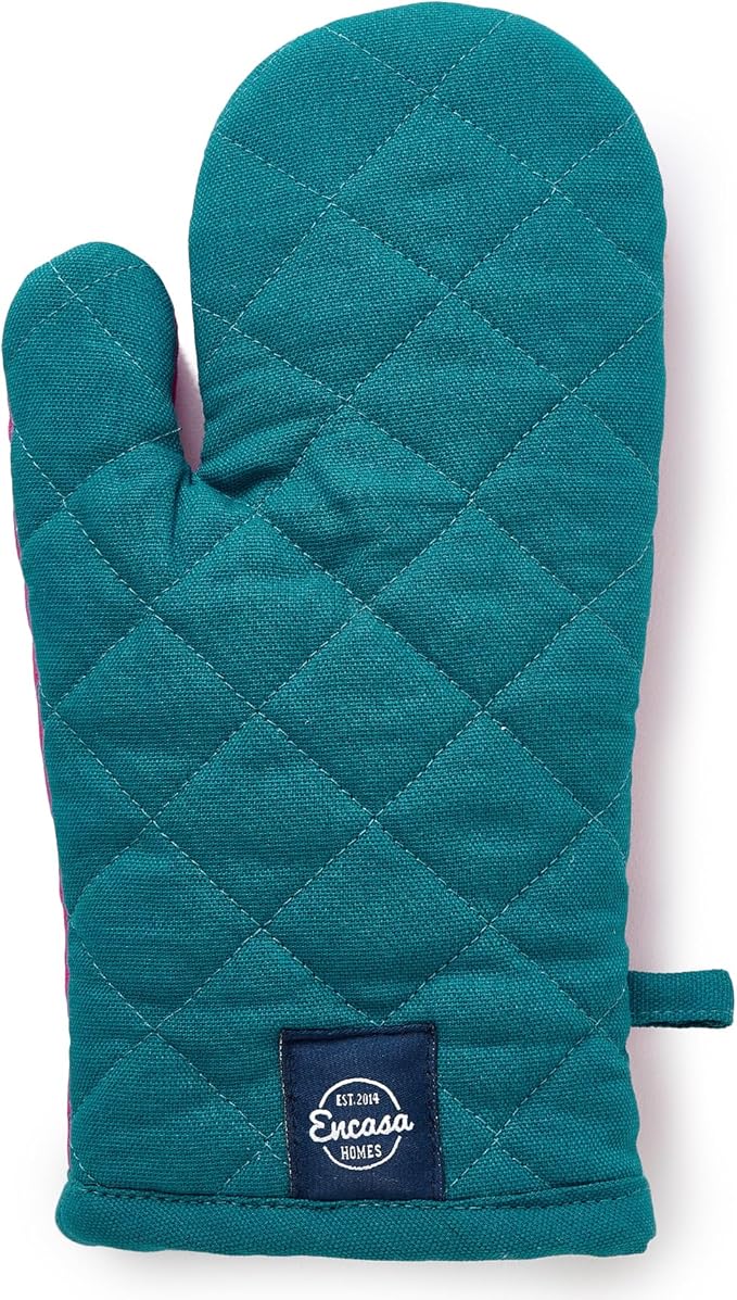 Encasa XO Heat Resistant Cotton Oven Gloves Mitts (2 Pc Set) - Quilted & Safe 12x7 in - for Kitchen, Cooking & Baking, Grilling, Handling Hot Pots & Pans - Azul Blue