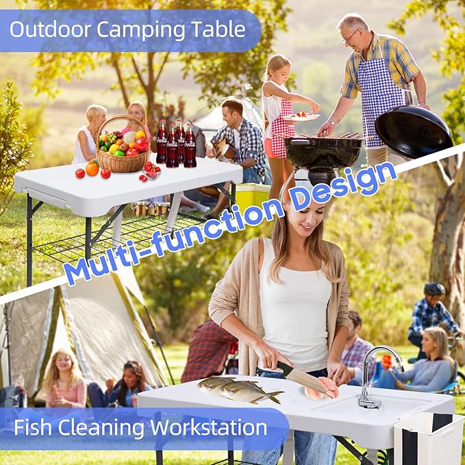 Nice C Fish Cleaning Table, Fish Cleaning Table with Sink, Camping Sink, 42.5'' Camping Table, w/Dual Universal Faucet & Spray, Drainage Hoses, Grid Rack, Basket, Toolkit for Picnic, Camping