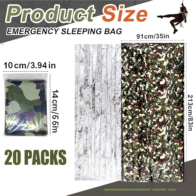 Preboun 20 Pcs Emergency Sleeping Bag Portable Lightweight Survival Bag Thermal Bivy Sack Waterproof Emergency Blanket Survival Gear for Outdoor Camping Hiking Homeless People Shelter (Camouflage)