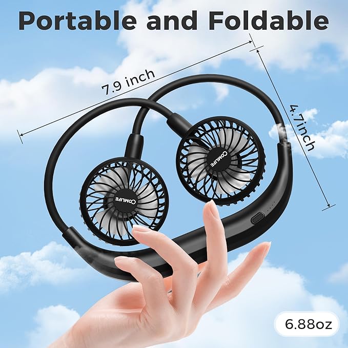 Portable Neck Fan, 2600mAh Battery Operated Ultra Quiet Hands Free USB Fan with Strong Wind, 360° Adjustable High Flexibility Wearable Personal Fan for Home Office Outdoor Travel (Black)