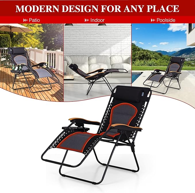 PHI VILLA XXL Oversized Padded Zero Gravity Chair, Foldable Patio Recliner, 30" Wide Seat Anti Gravity Lounger with Cup Holder, Set of 2, Support 400 LBS (Black & Orange Accents)