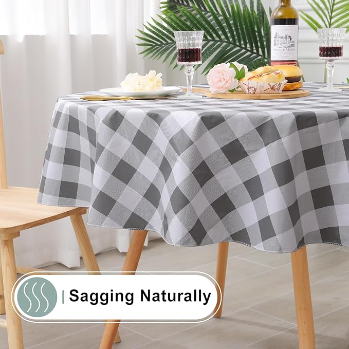 misaya Round Waterproof Vinyl Table Cloth, Buffalo Flannel Backed Tablecloth, Wipeable Plastic Table Cover for Dinner, Kitchen, Picnic (60", Grey and White)