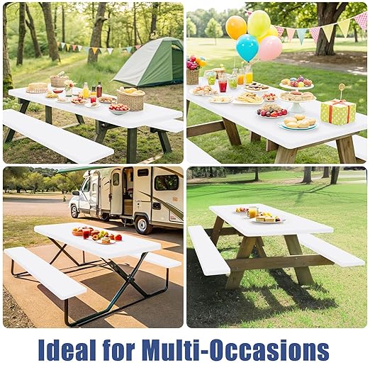 Picnic Table Cover with Bench Covers, Elastic Fitted Spandex Tablecloths for 6 Foot Rectangle Tables, Stretch Washable Patio Tablecloth for Outdoor, Camping (White, 30"x72")