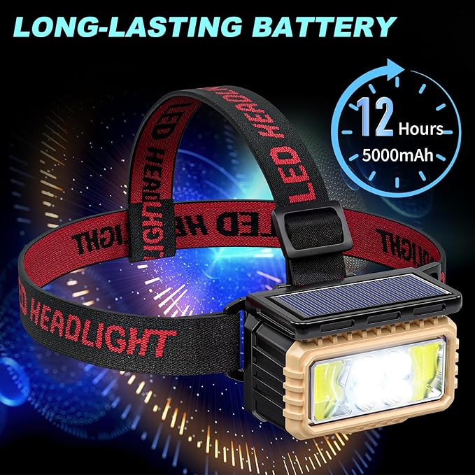 KERNOWO Solar Headlamp for Camping,Rechargeable LED Headlight for Adults with Motion Sensor, Six Adjustable Modes, Waterproof,Lightweight,Flashlight for Cycling,Hiking,Fishing,2-Pack,Black