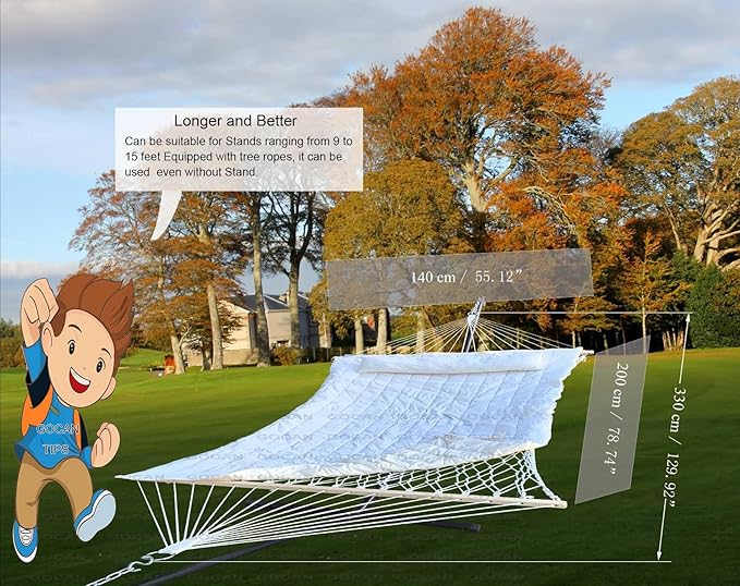 Mesh Hammock,Cotton Rope hammocks with Pad Chains Hooks Tree Straps fit Stands from 9' to 15' for Outside Indoor Patio Yard