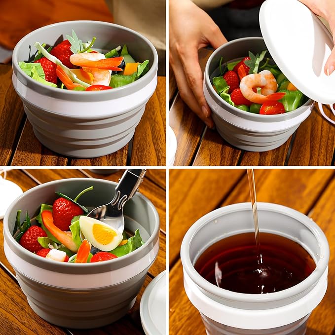 Odoland Camping Collapsible Silicone Cup and Bowl Set for 1 Person, Portable Mess Kit with Spoon and Lid for Adults Backpacking, Family Cookware, Hiking, Picnic, Travel