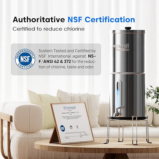 Purewell 1.5G Gravity Water Filter System with Water Level Window, 8-Stage 0.01μm Ultra-Filtration Stainless Steel Countertop System with 4 Filters and Stand, Reduce Fluoride and Chlorine, PW-MKS-CF