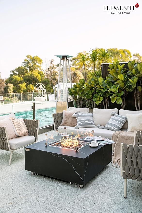 Elementi+ | Bundle Sofia Gas Fire Pit | Marble Porcelain & Metal Frame | 40" Square Fire Table | Electronic Ignition | Canvas Cover, Fire Glass & Burner Lid Included | Black | Propane Gas