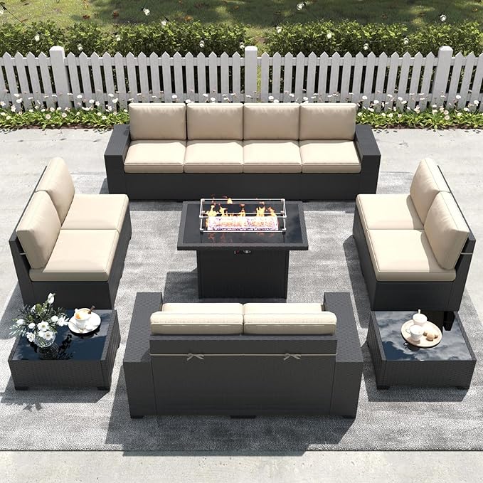 LayinSun 13 Pieces Outdoor Patio Furniture Set with 44" Fire Pit Table Rattan Sectional Sofa Conversation Sets