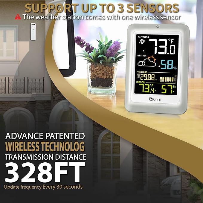Wireless Weather Stations, with 330ft Range Sensor and Adjustable Backlight Inside Outside Monitor (Colorful)