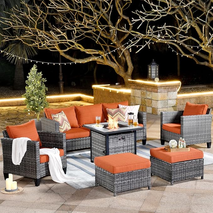 ovios 6 Pieces Patio Furniture Set with 30" Fire Pit Table, Outdoor Wicker Sofa with Comfy Cushions, All Weather High Back Rattan Couch Conversation Set, Orange Red