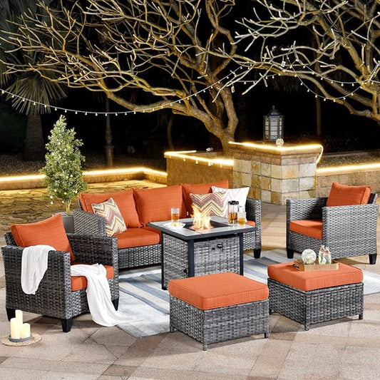 ovios 6 Pieces Patio Furniture Set with 30" Fire Pit Table, Outdoor Wicker Sofa with Comfy Cushions, All Weather High Back Rattan Couch Conversation Set, Orange Red