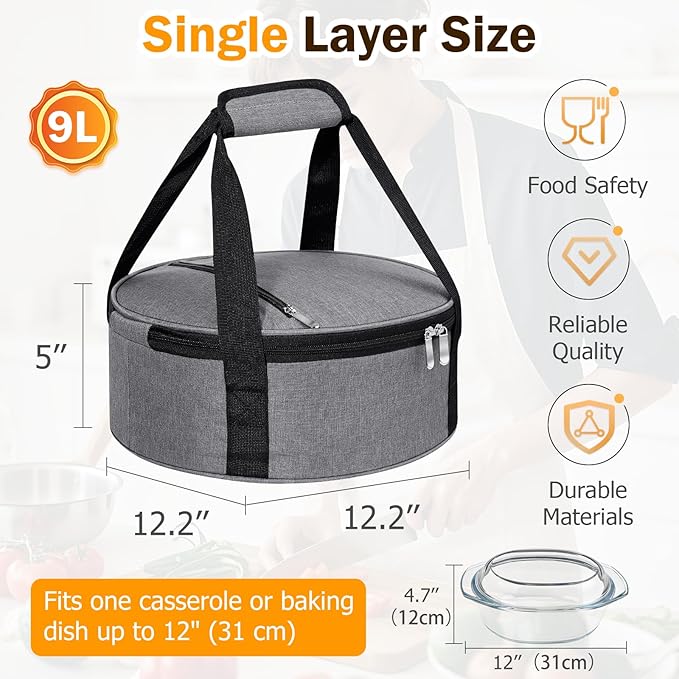 Round Insulated Casserole Carrier, Pie Carrier Bag, Portable Casserole Carrier for Hot or Cold Food Lunch Tote, Lunch Bag for Parties Picnic, Fits 12.5" Baking Dish, Grey