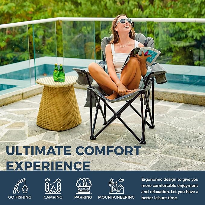 KingCamp Oversized Camping Folding Chair with Lumbar Support, Heavy Duty Ergonomic Padded Arm Chair with Cooler Bag, Cup Holder, Portable for Outdoor