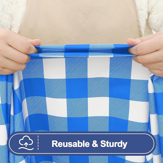 Smiry Picnic Table Cover with Bench Covers, Waterproof Elastic Fitted Tablecloths for 8 Foot Rectangle Tables, Washable Buffalo Plaid Tablecloth for Camping, Outdoor (Blue & White, 30"x96")