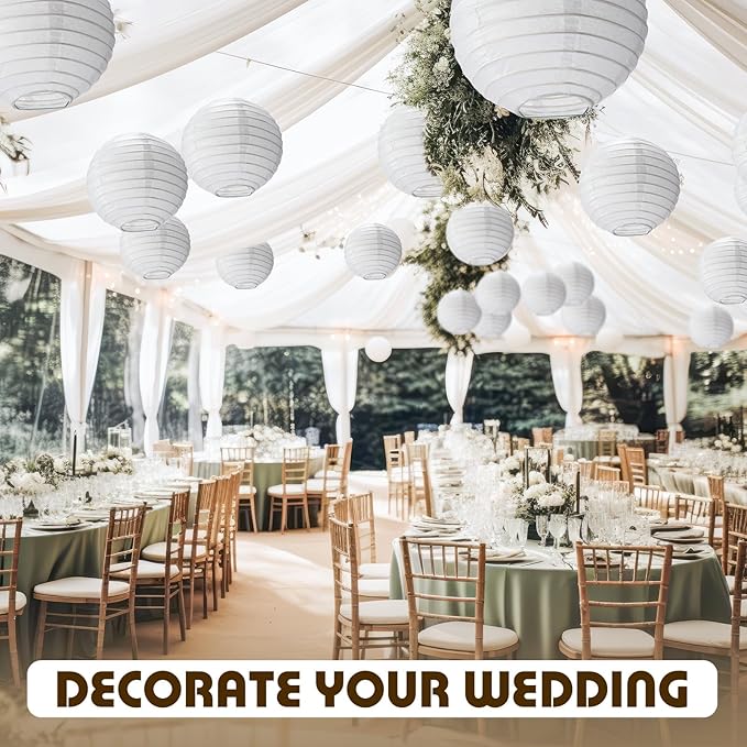 Treela 48 Pcs Paper Lanterns Party Decorations Chinese Round Paper Lanterns 4/6/8/10 Inch Asian Hanging Lamps Decorative for Birthday Party Supplies(White)