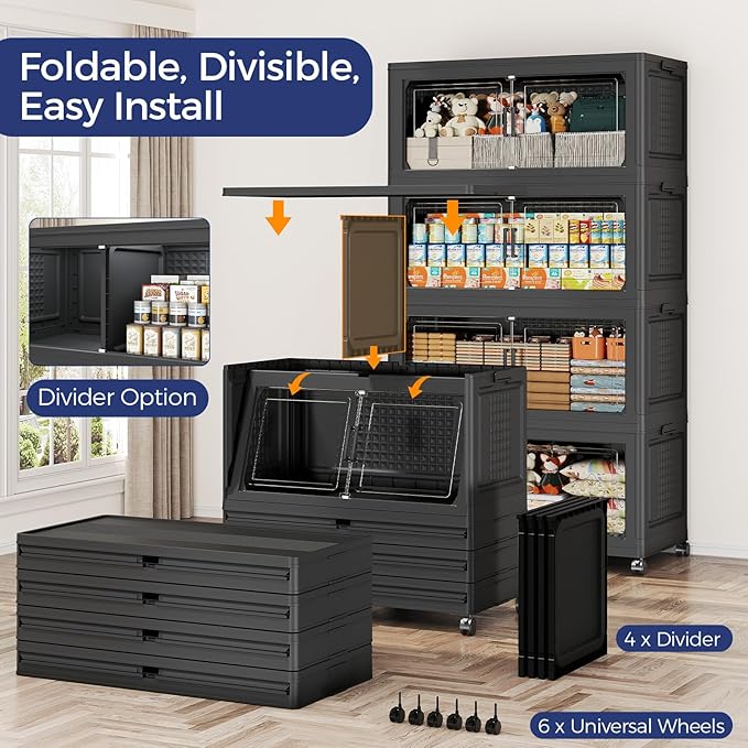 250GAL Extra Large Storage Bins with Lid, 1000Qt Stackable Closet Organizers and Drawers, Collapsible Storage Bins with Wheels, Folding Storages Cabinet for Home Bedroom Office, 5Pack Black