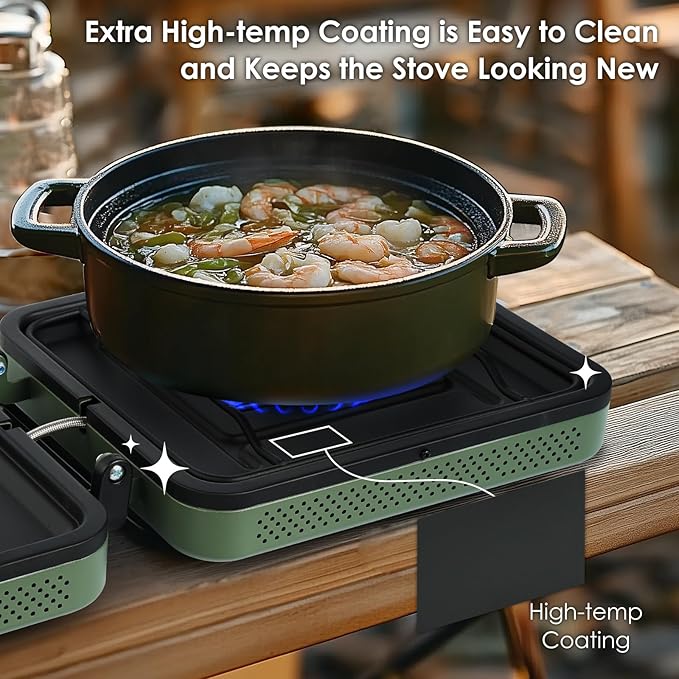 2 Burner Camping Stove with Carrying Bag, Foldable Propane Camp Stove with 17,200 BTU for Camping, Outdoor Cooking, Portable Gas Stove with Adjustable Burner for BBQ,Green with Windscreen