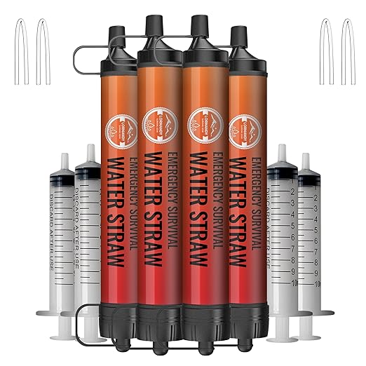 Water Filter Straw, Personal Water Filtration System, Water Purifier, Outdoor Emergency Survival Gear and Equipment for Hiking Camping Accessories Travel Fishing Emergency Preparedness (4PCS)