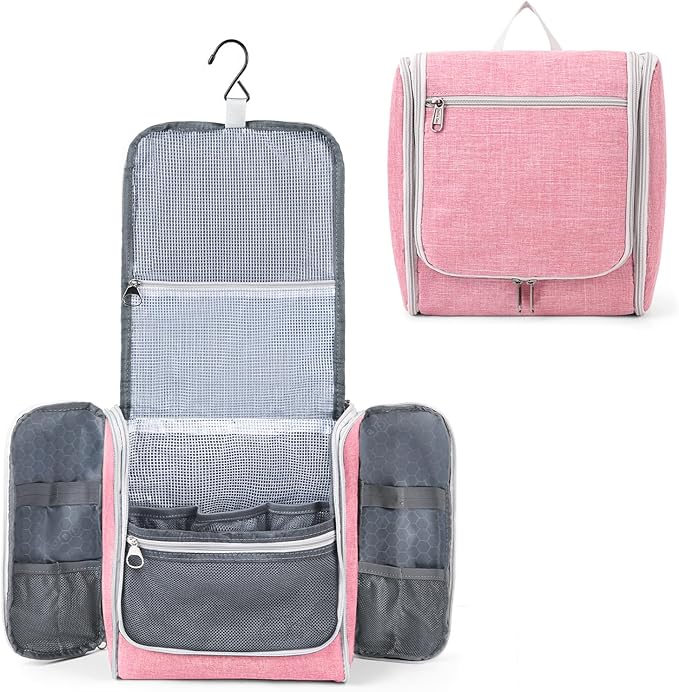 Della Gao Big Capacity Portable Travel Hanging Toiletry Bag Men and Women, Cosmetics Makeup Bag Toiletries Organizer, Water-Resistant Nylon Bathroom Bag, Pink