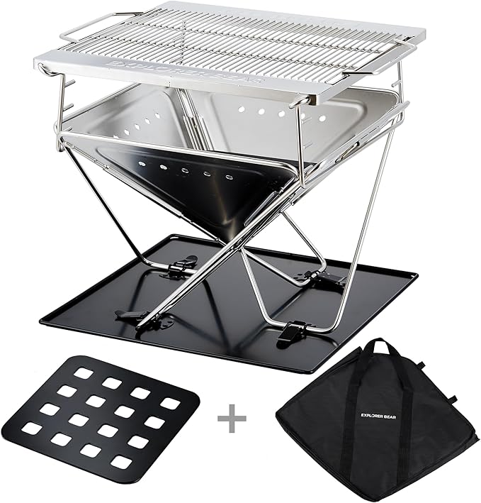 Explorer Bear 20" Stainless Steel Foldable Takibi Fire & Grill with Carrying Bag, Grill Bridge, and Coal Bed | Portable Wood Burning Fire Pit | Perfect for Camping, Outdoors, Patios