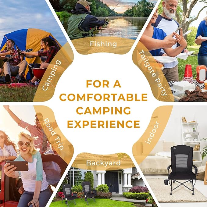 Camping Chairs for Adults, Adjustable Backrest Heavy Duty Oversized Folding Camping Chair Supports 350lbs for Outside with Cup Holder&Side Pocket, Outdoor Folding Camp Chair with High Back (Black)