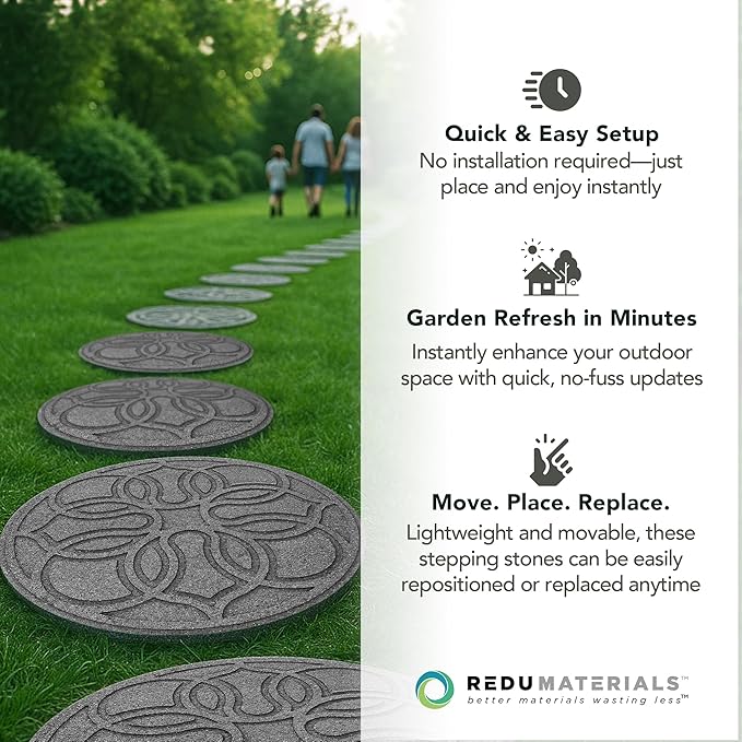 Garden Central 4-Pack 18”x18” Fake Pendant Rubber Stepping Stones, Round, Grey – Reversible Non-Slip Outdoor Faux Decorative Set for Landscaping – DIY Decor for Walkways & Yard Pathways