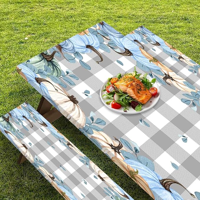 CAPSCEOLL Fitted Picnic Table Cover with Bench Covers with Elastic 6Ft Waterproof Camping Picnic Table Cover Cloths for Outdoors Camping Tablecloth with Drawstring Bag, 72X30in, Blue Pumpkins